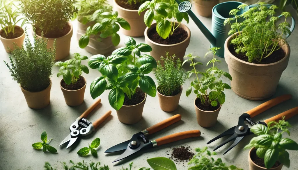 A small herb garden with potted plants like basil, mint, and coriander, along with garden tools such as pruning shears and a trowel on a natural surface, illustrating regular maintenance practices for healthy herb growth.