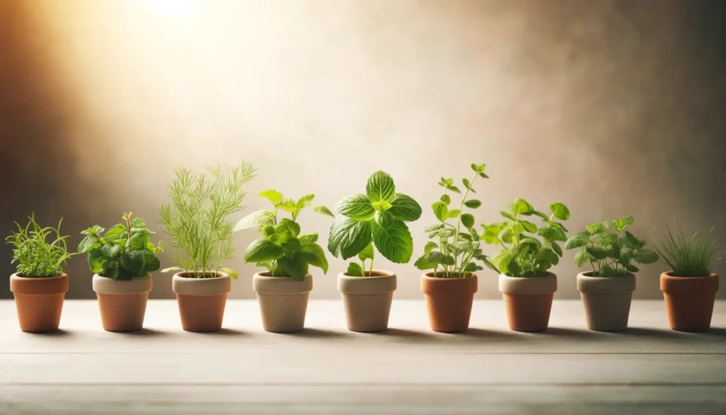 A simple row of small potted herbs including tulsi, coriander, mint, and fenugreek, placed on a light, natural background with soft lighting to highlight the fresh leaves, ideal for beginner gardeners.