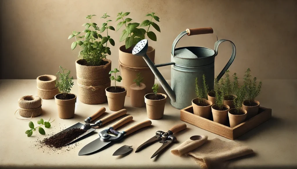 A collection of essential herb gardening tools, including a small watering can, hand trowel, pruning shears, and small pots with soil, arranged on a natural-toned background with soft lighting.