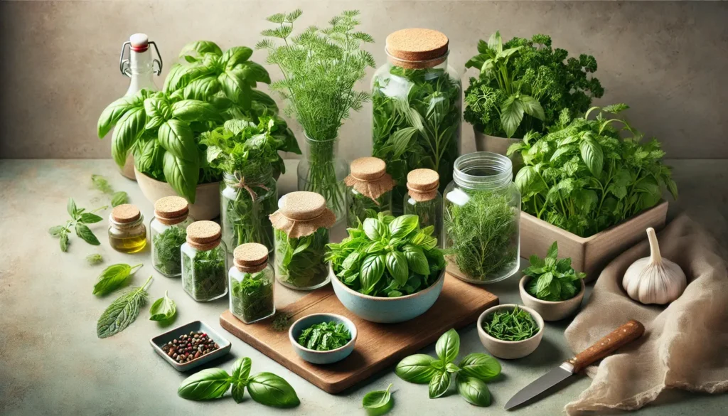 A selection of freshly harvested herbs like basil, mint, and coriander, neatly arranged on a natural-toned surface with small storage containers nearby, illustrating freshness and proper herb storage.