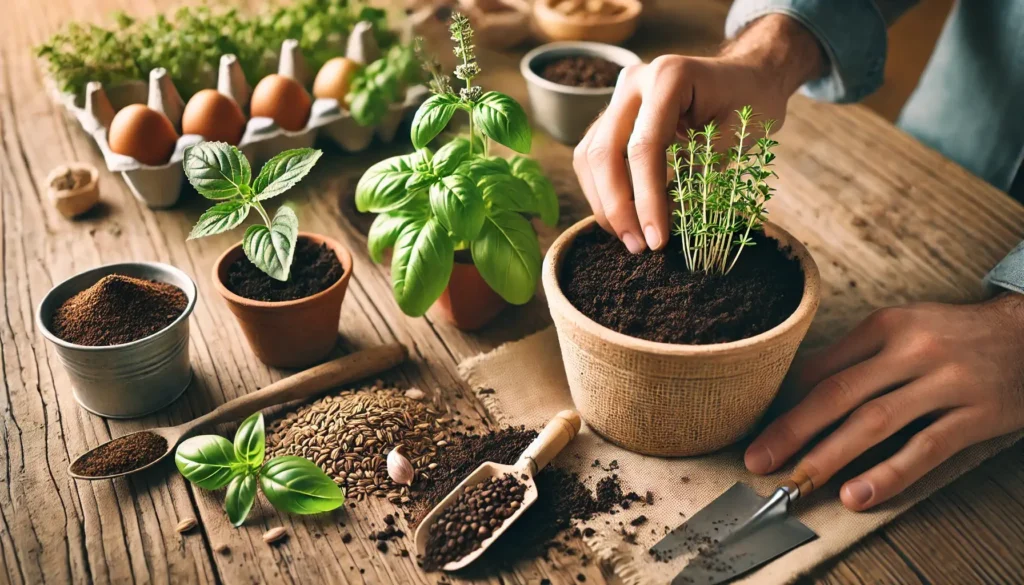 A close-up of a person's hand planting herbs like basil, coriander, and tulsi in a small pot filled with fresh soil, accompanied by garden tools and seeds on a natural-toned surface, illustrating a step-by-step planting guide.