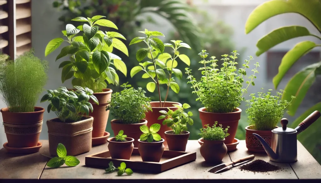 A simple, natural-looking arrangement of a small herb garden on an Indian-style balcony, featuring potted herbs like tulsi, coriander, and mint on a wooden surface, with small garden tools and soil nearby. Soft lighting enhances the fresh green leaves, creating an inviting home gardening scene.