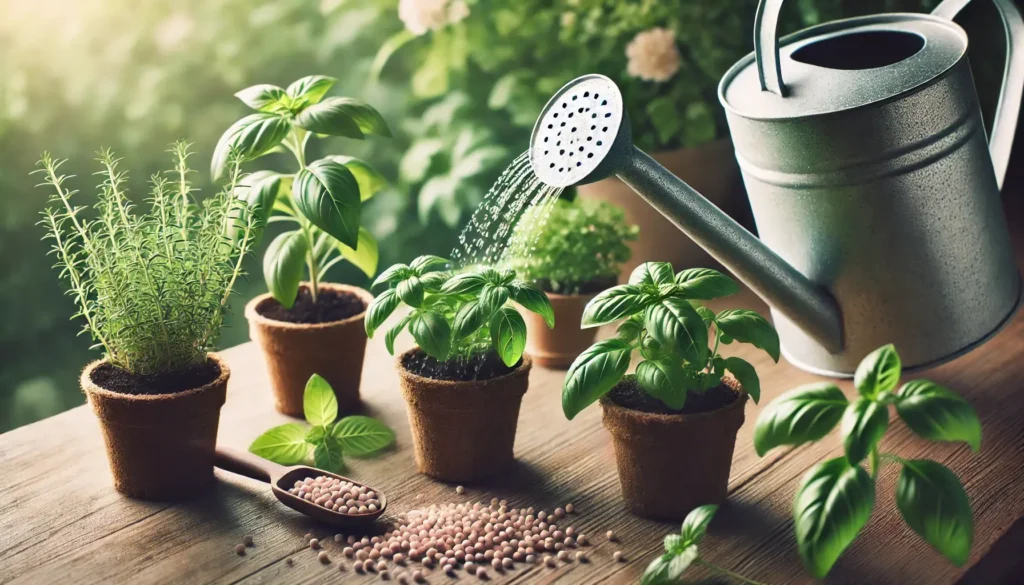 A close-up of watering herbs in small pots, with a watering can pouring gently over plants like basil and mint. Fertilizer granules are scattered nearby on a natural surface, demonstrating proper herb care.