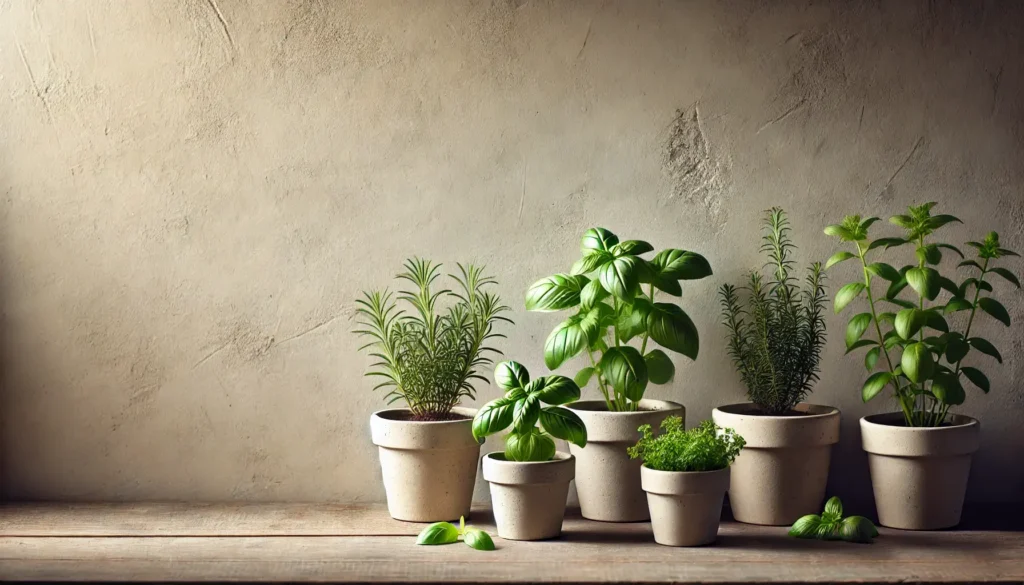 A collection of potted herbs, including basil, mint, and rosemary, arranged on a natural background. The plants are fresh and vibrant, suggesting the benefits of starting an herb garden.